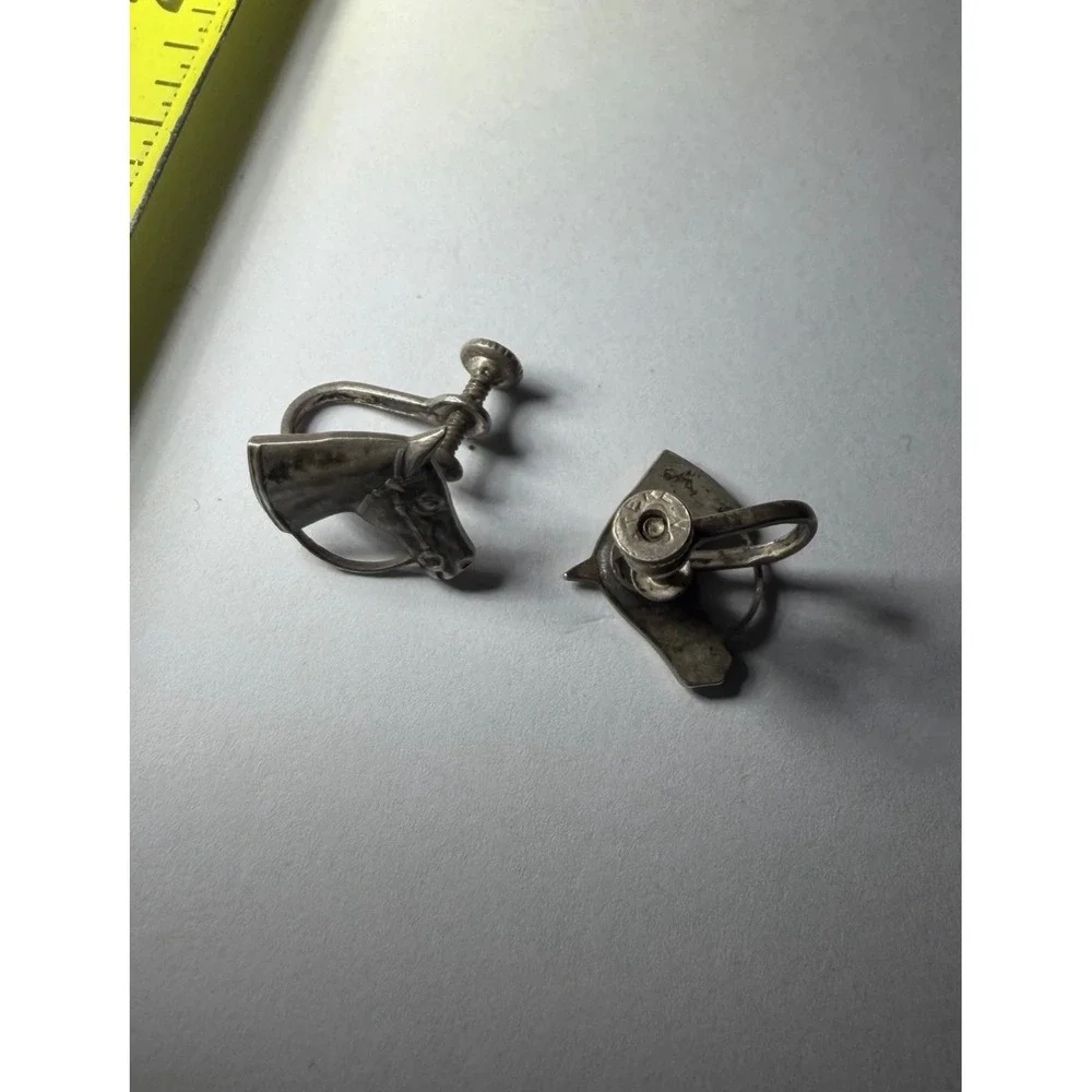 Vintage Sterling Silver 925 Horse Screw On Pair of Earrings Stamped STERLING